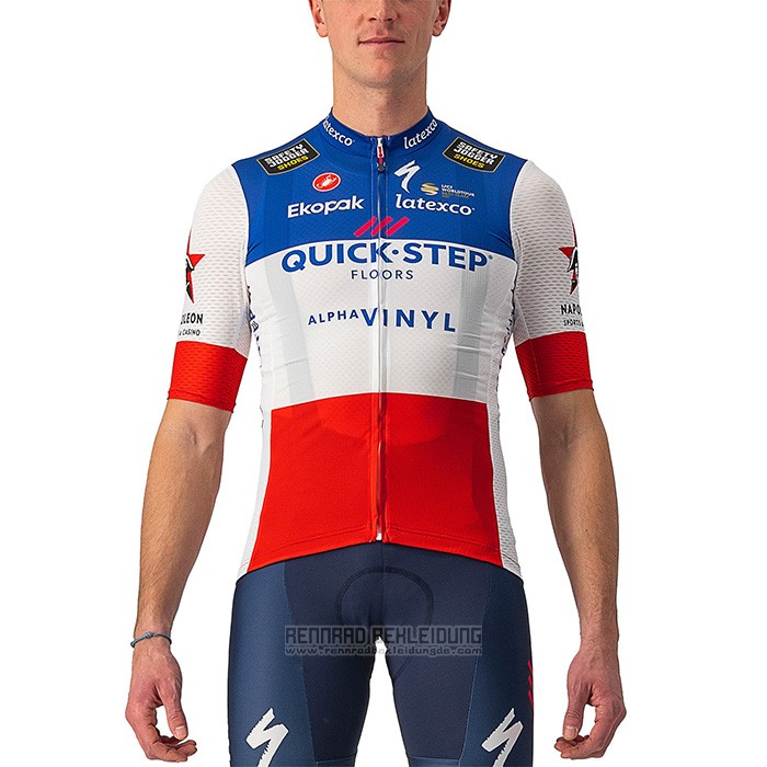 2022 Fahrradbekleidung Deceuninck Quick Step Blau Wei Rot Trikot Kurzarm und Tragerhose